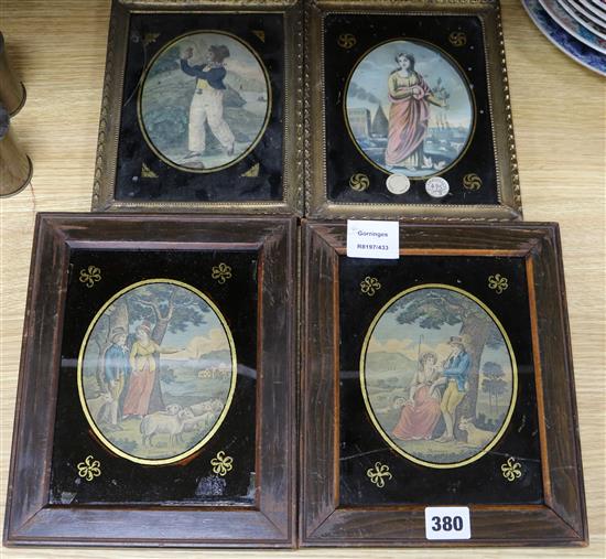 Two pairs of Regency eglomise framed prints, largest overall 25 x 20cm (a.f.)